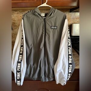 PINK Victoria's Secret Gray Hooded Windbreaker Jacket.